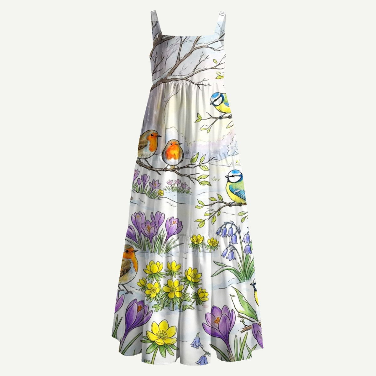 Spring Garden Birds and Floral Straps Maxi Dress With Pockets