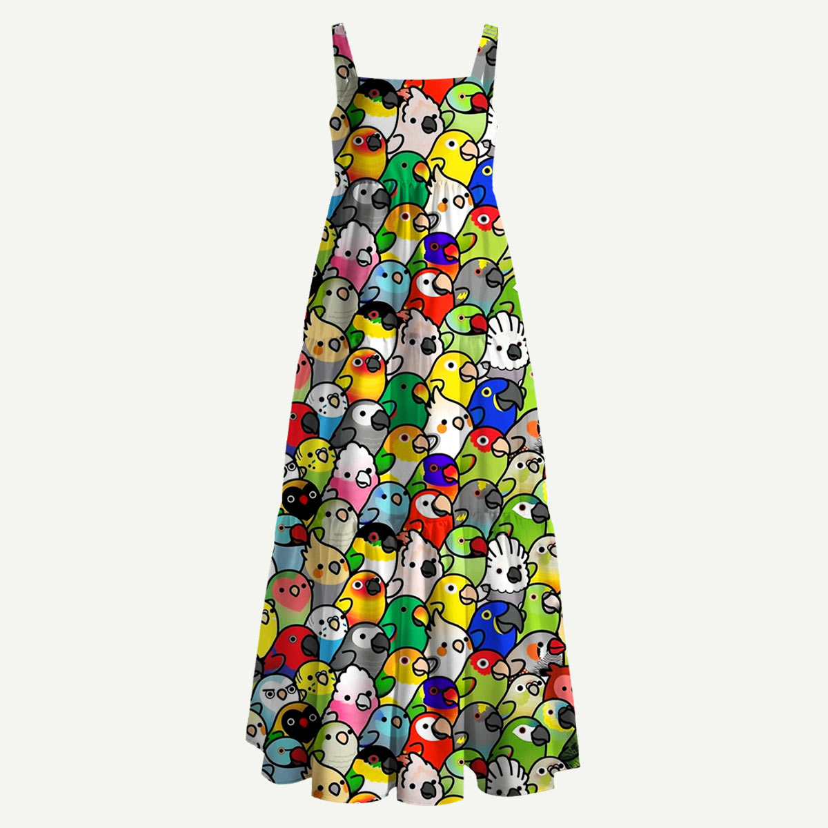 Playful Bird Crowd Straps Maxi Dress With Pockets