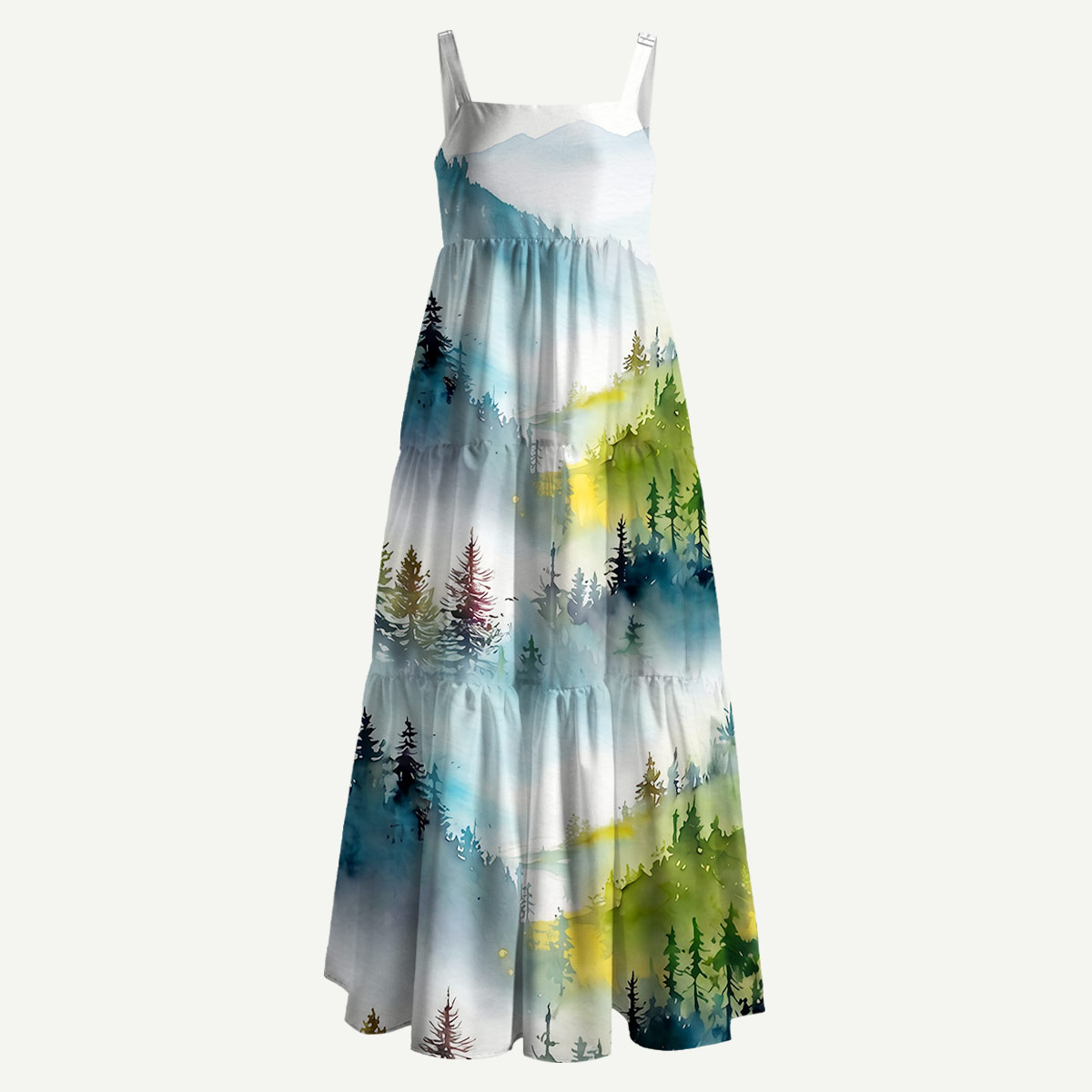 Watercolor Misty Mountain Forest Straps Maxi Dress With Pockets