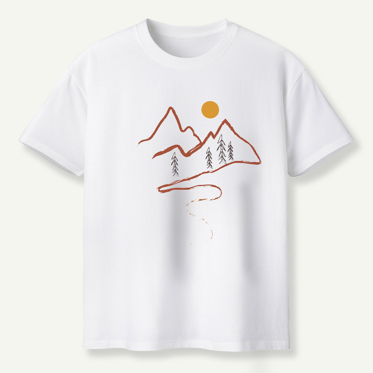 Minimal Mountain Sun Trail Line Art T-Shirt