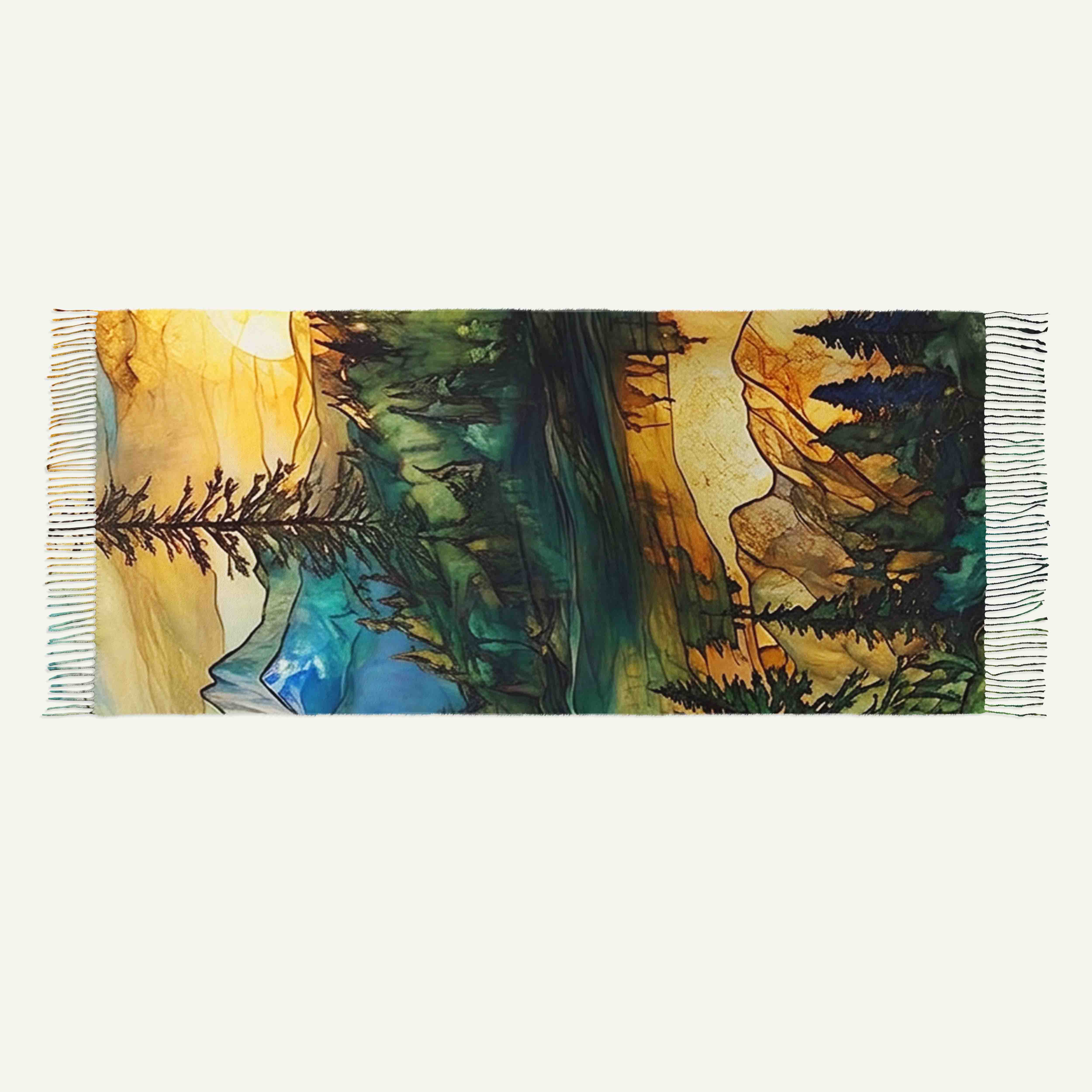 Sunset Alpine Forest Landscap Long Cashmere Scarf with Tassels