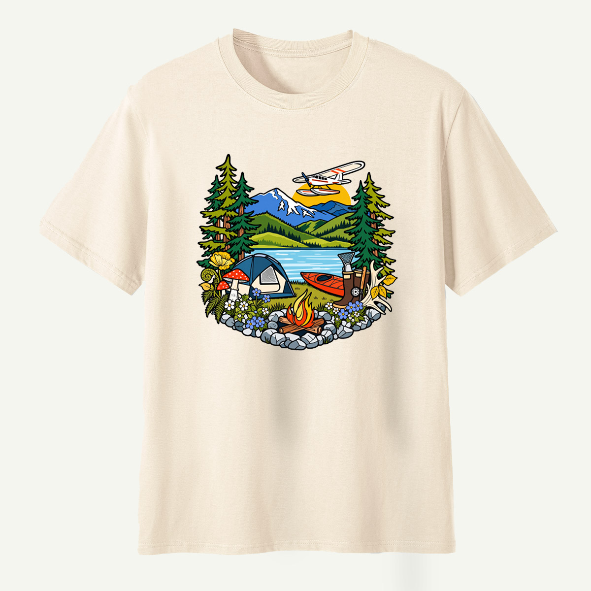 Lake Camping Kayak Seaplane Wilderness Scene T-Shirt
