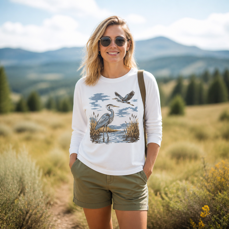 Vintage Heron Wetland Bird Nature  Long Sleeve T-Shirt