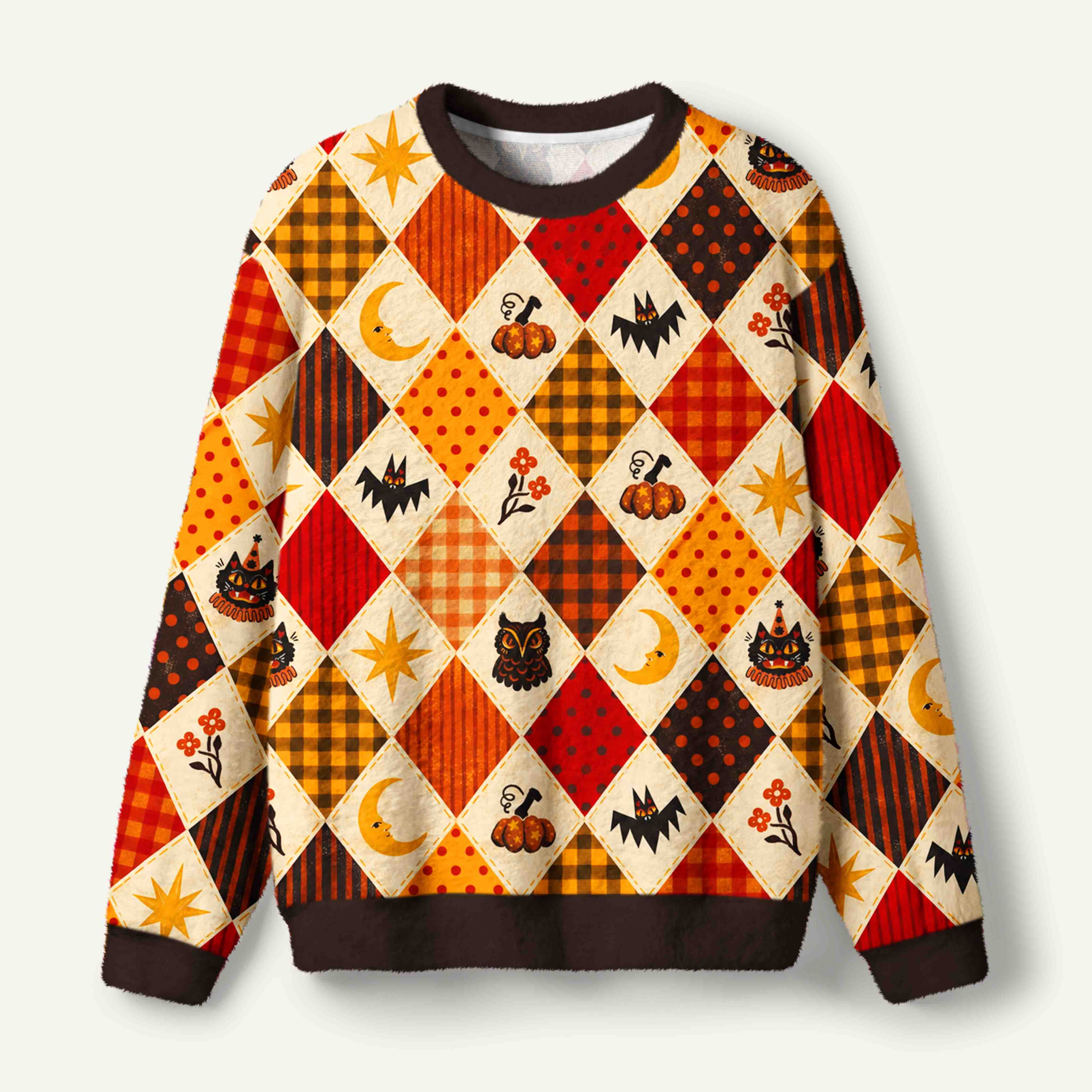 Autumn Pumpkin Moon And Black Cat Halloween Argyle Ugly Fuzzy Fleece Sweatshirt