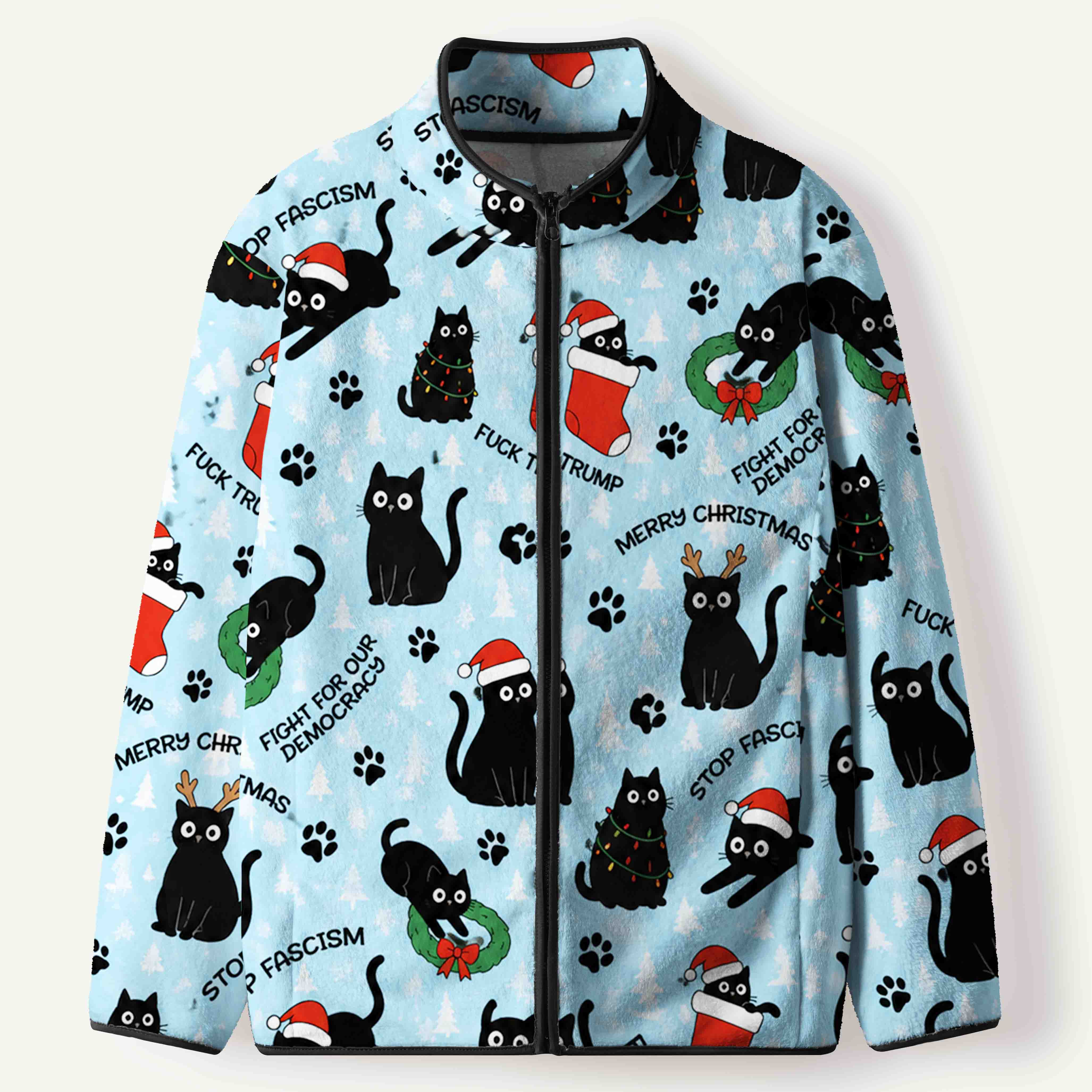 Christmas Black Cats Stop Fascism Women's Flannel Zip Front Cardigan