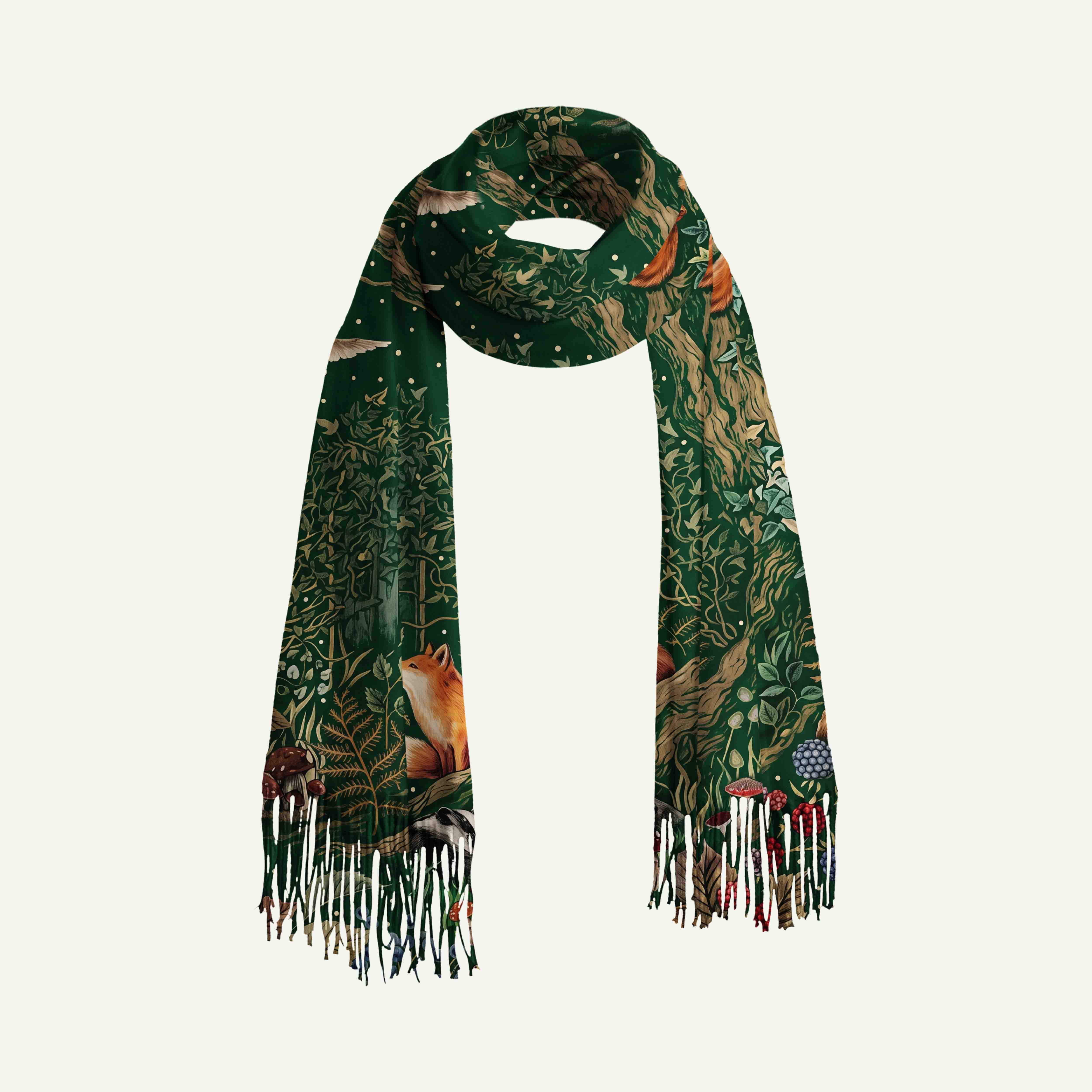 Woodland Tapestry Animal Long Cashmere Scarf with Tassels