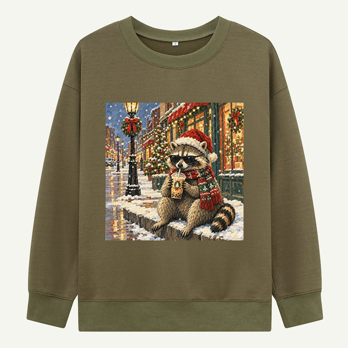 Cool Christmas Raccoon Drinking Boba On A Snowy Street Sweatshirts