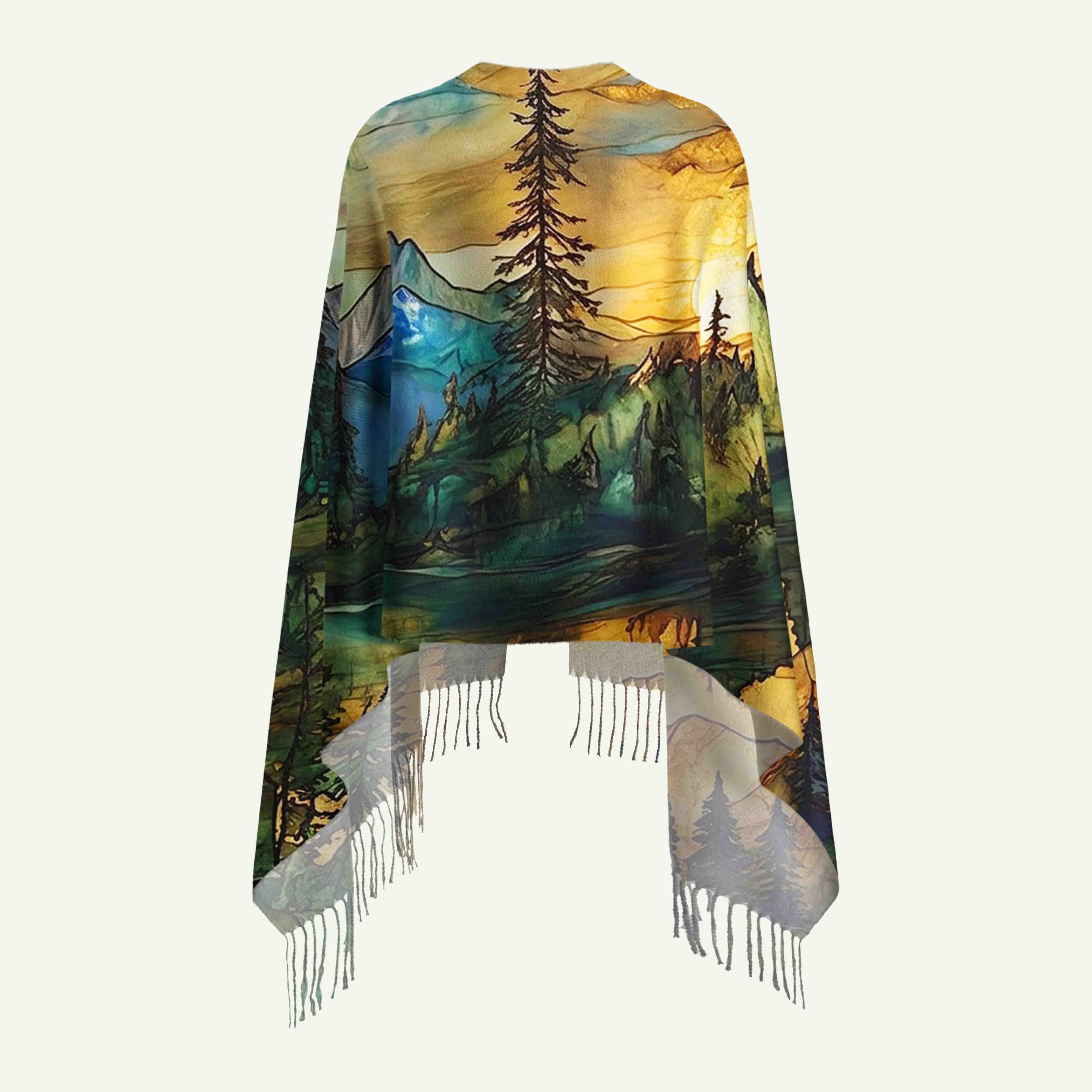 Sunset Alpine Forest Landscap Long Cashmere Scarf with Tassels