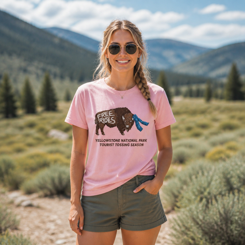 Yellowstone Tourist Tossing Season Free Rides Bison T-Shirt