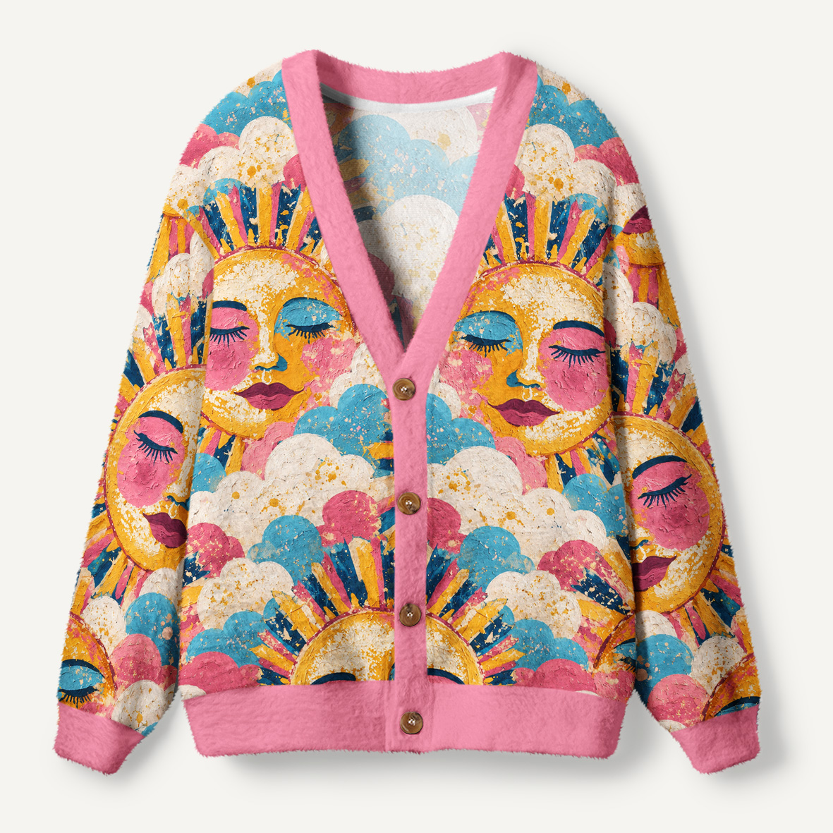 Dreamy Smiling Sun With Pink And Blue Clouds Oil Painting Ugly Cardigan Sweaters