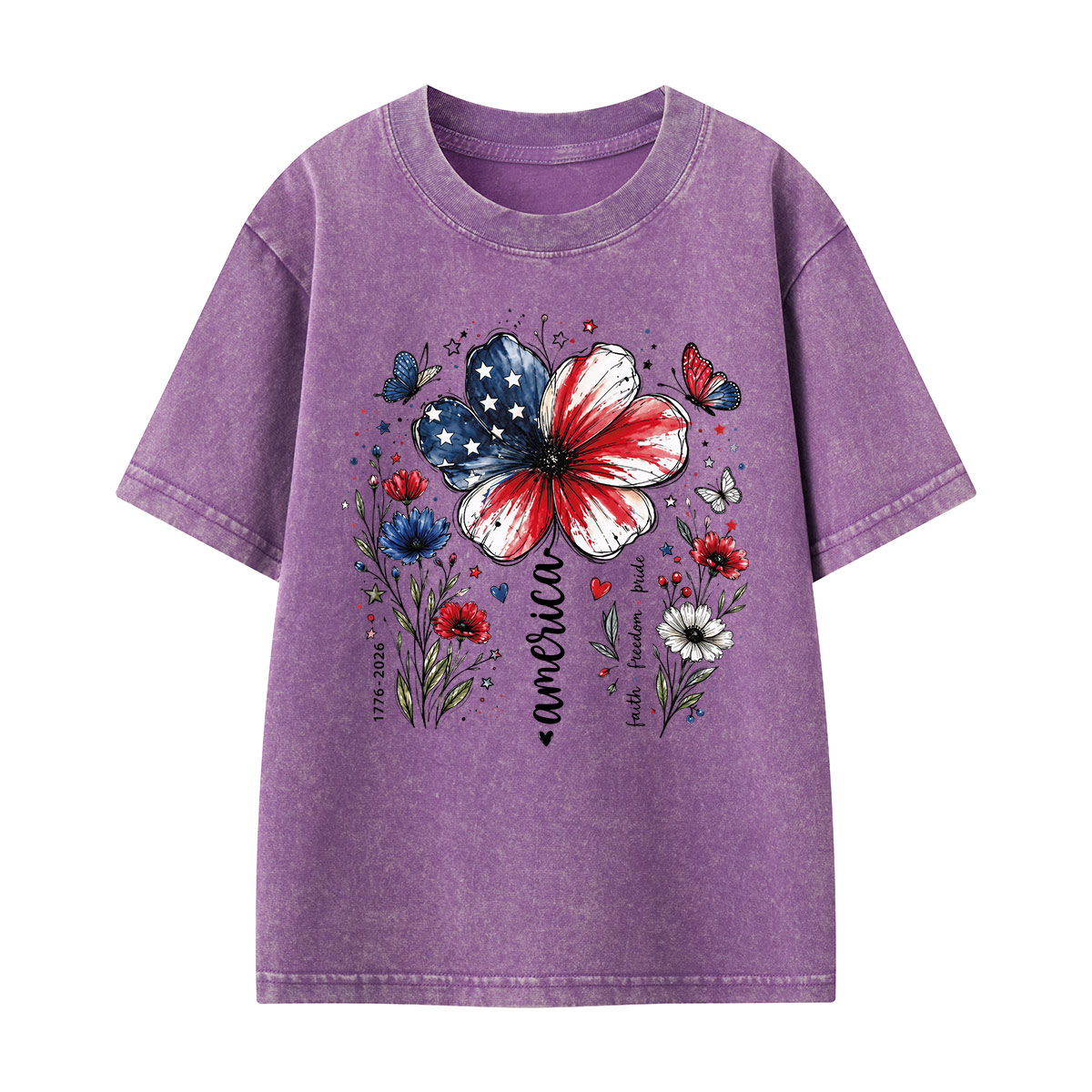 USA 250th Anniversary Floral Kids Washed T-Shirt