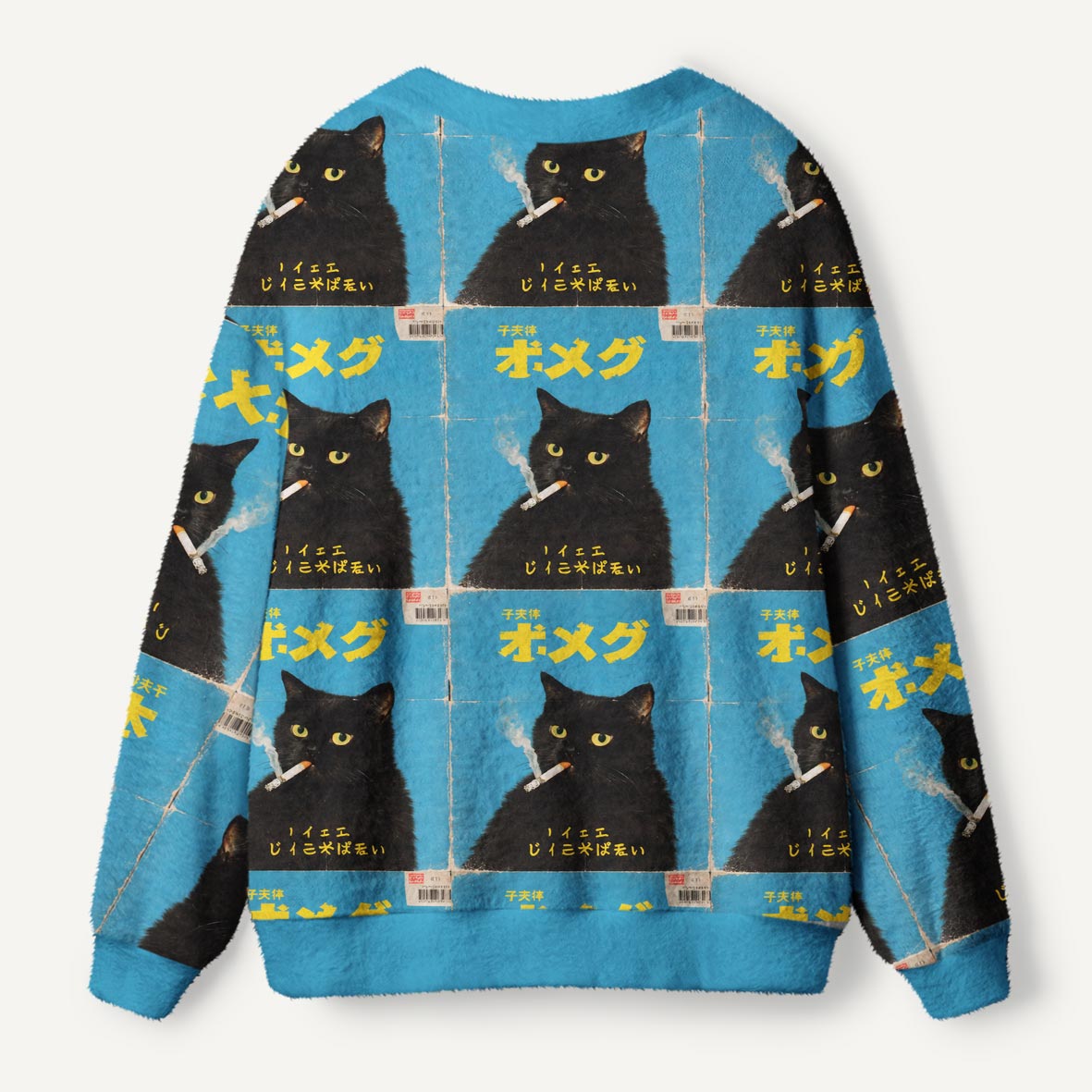 Vintage Japanese Black Cat With Cigarette Blue Retro Art Ugly Cardigan Sweaters