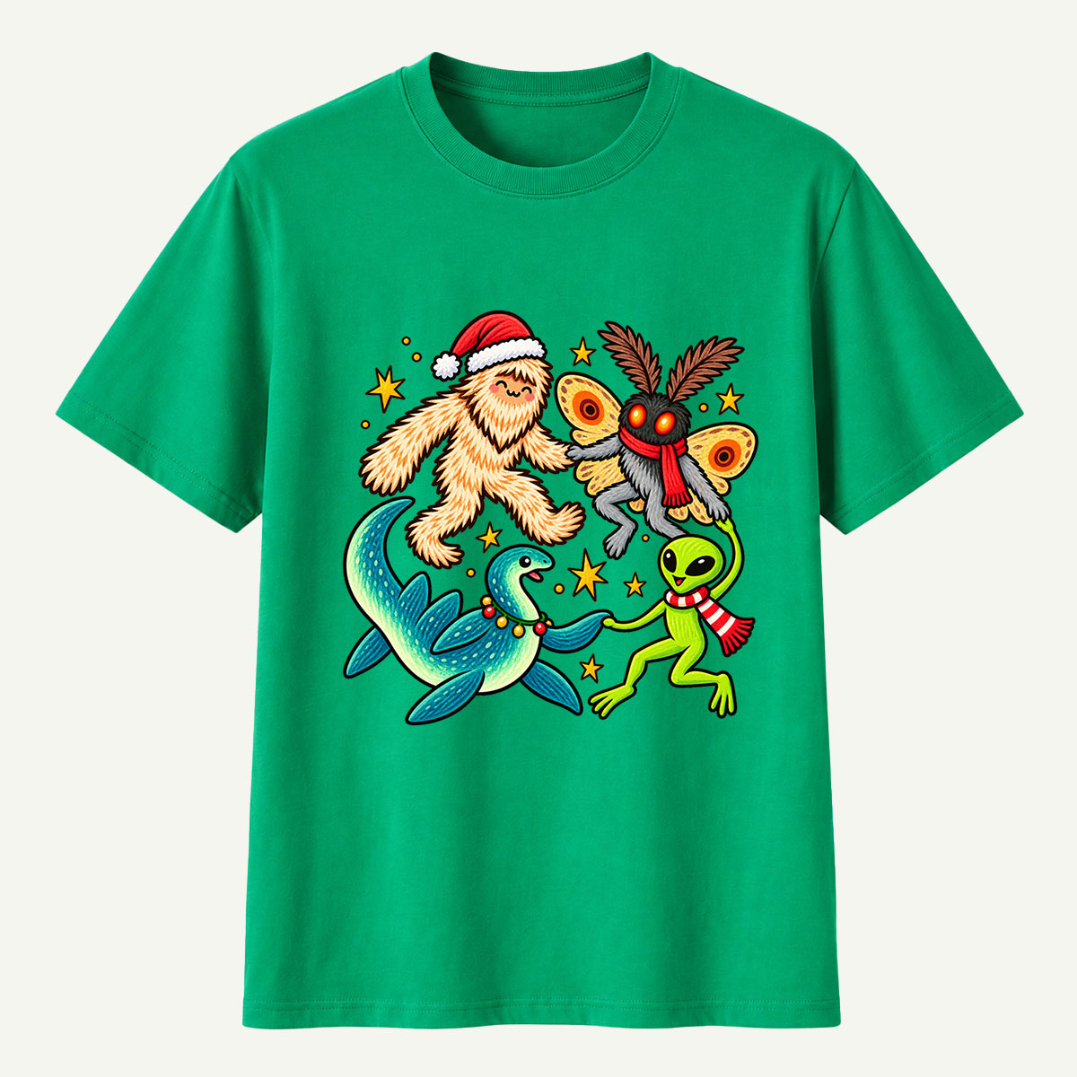 Christmas Cryptid Party Bigfoot Mothman Nessie And Alien T-Shirt