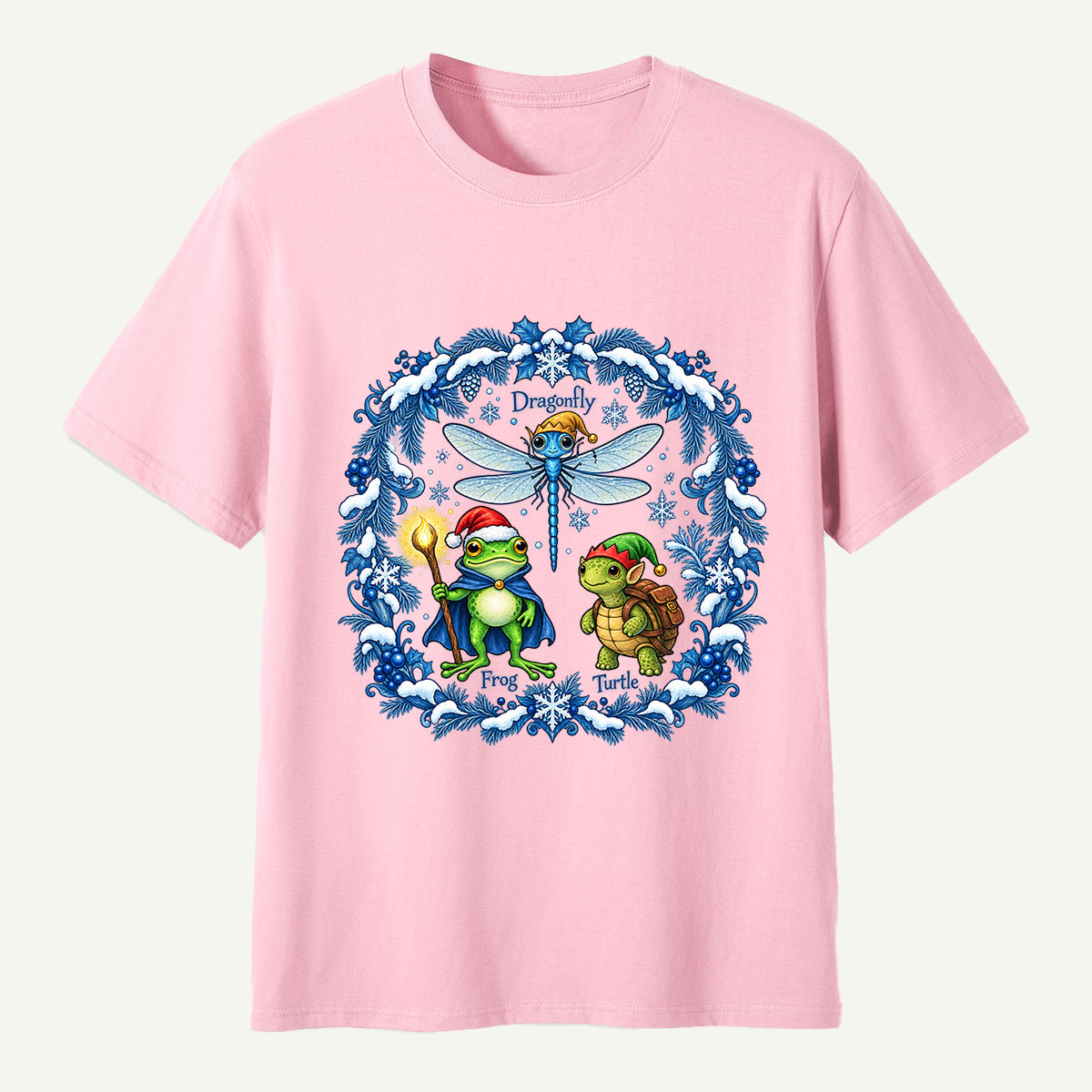 Fantasy Winter Forest Dragonfly Frog And Turtle Companions T-Shirt