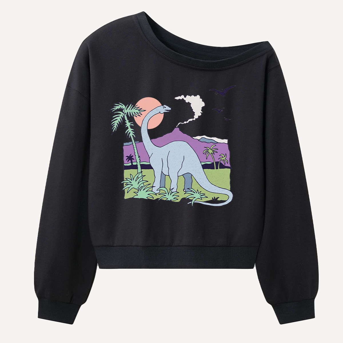 Retro Sauropod Tropical Sunset Women Off Shoulder Sweatshirt