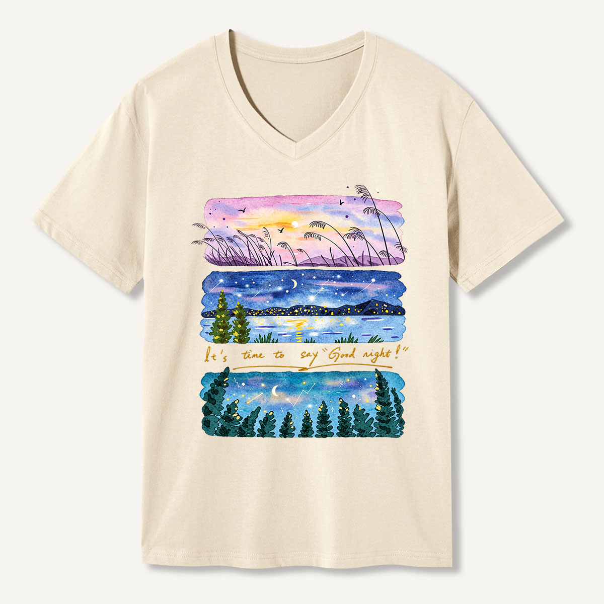 Its Time To Say Good Night Watercolor Landscape V-neck T-Shirt