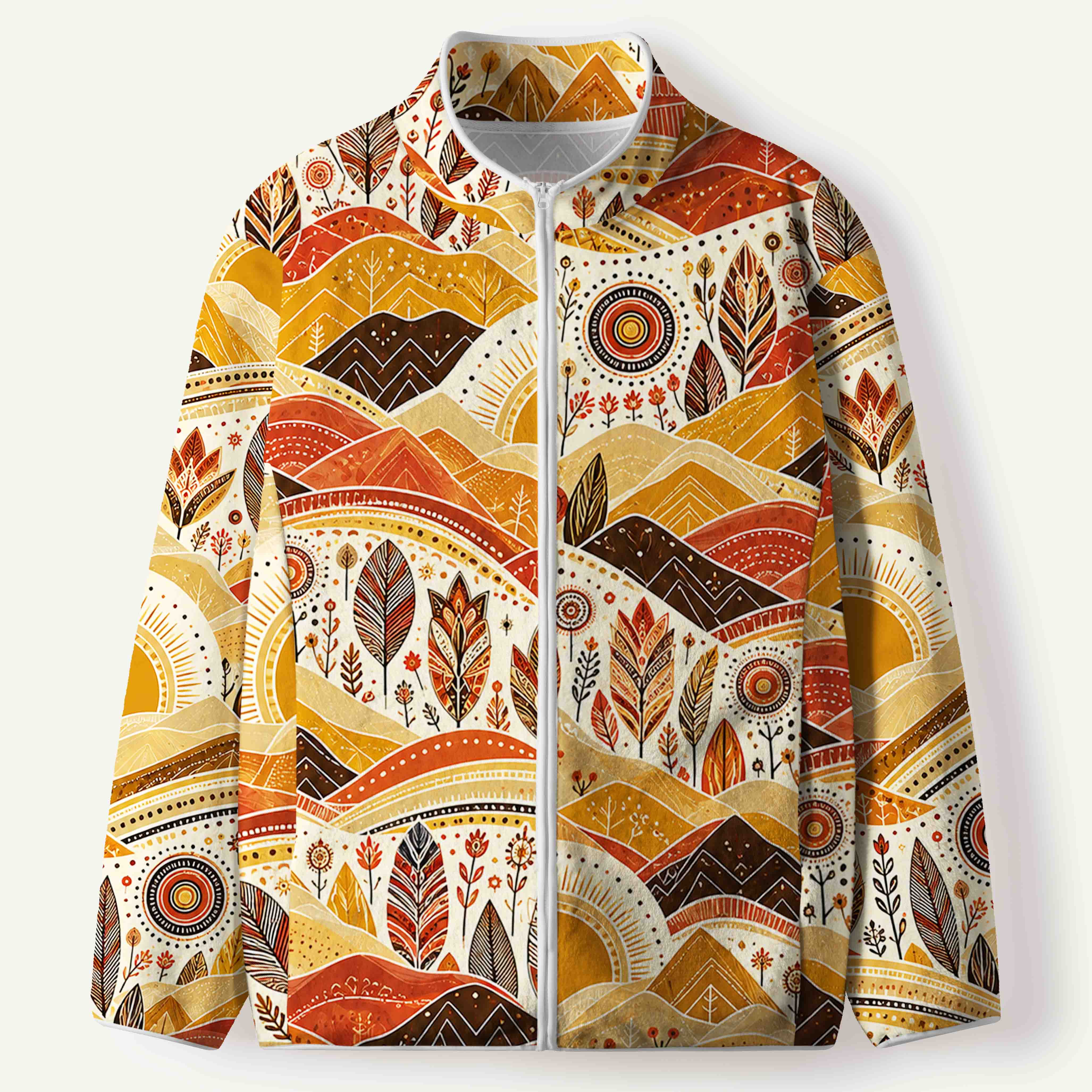 Boho Golden Sunset Mountains Earth Tone Geometric Landscape Women's Flannel Zip Front Cardigan