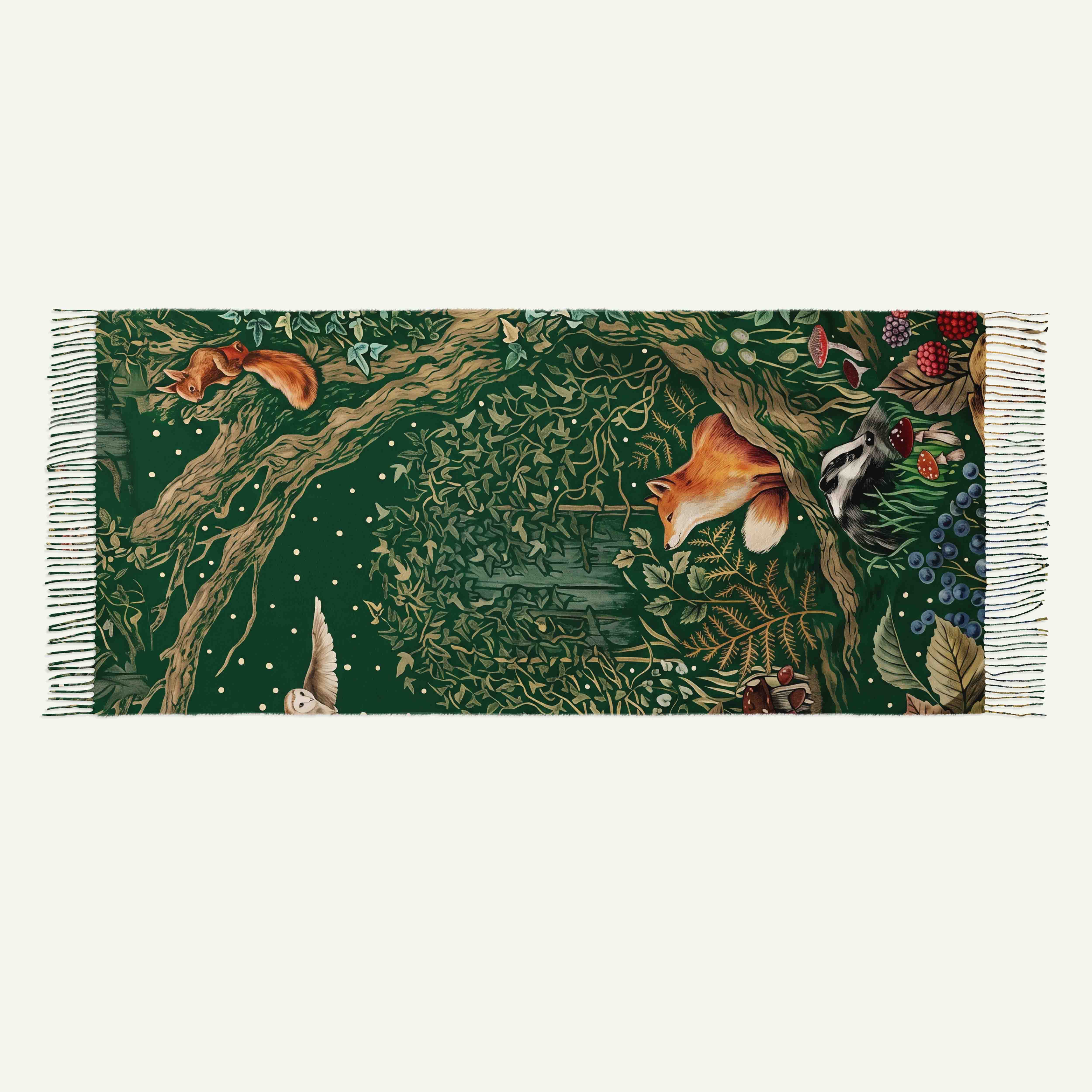 Woodland Tapestry Animal Long Cashmere Scarf with Tassels
