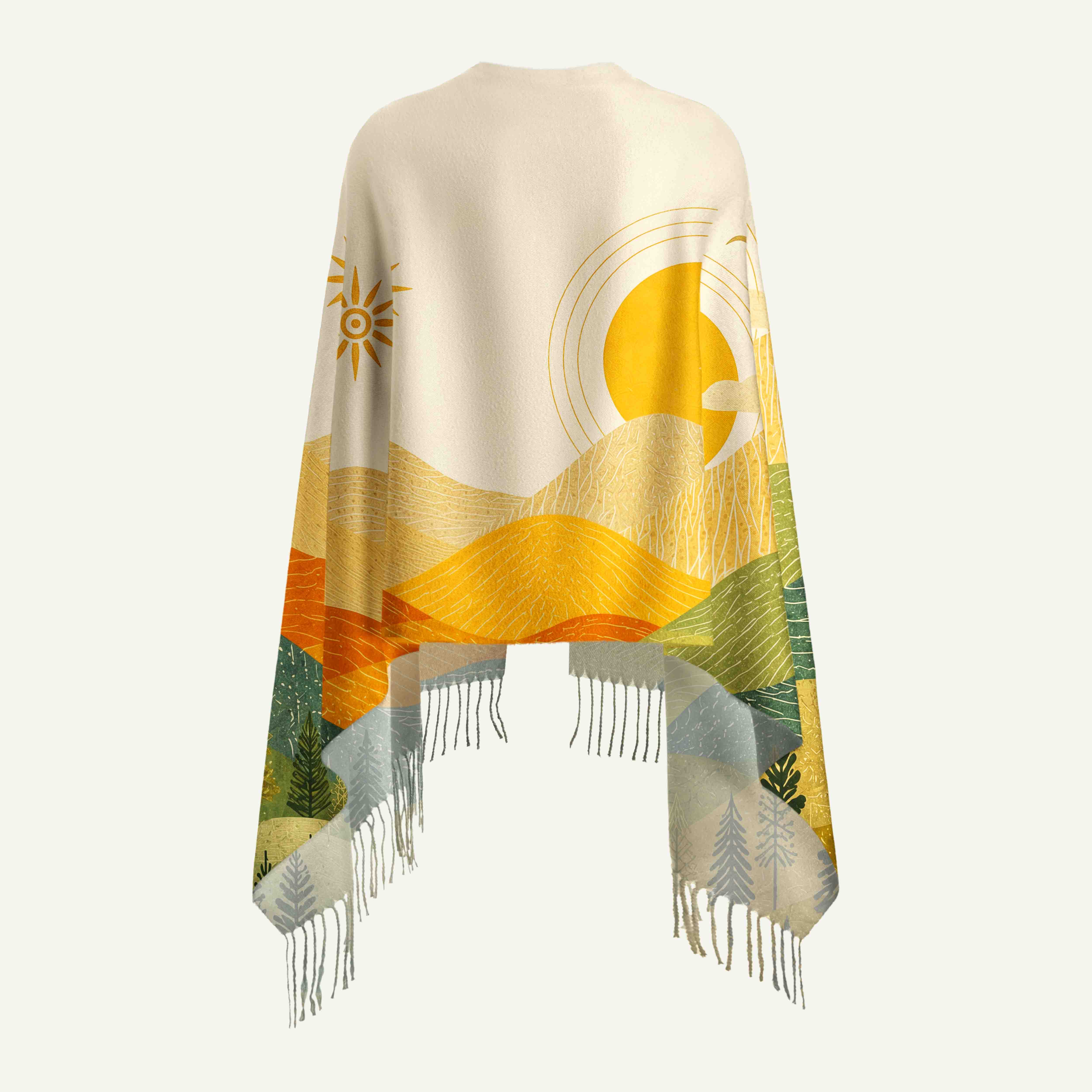 Layered Mountain Long Cashmere Scarf with Tassels