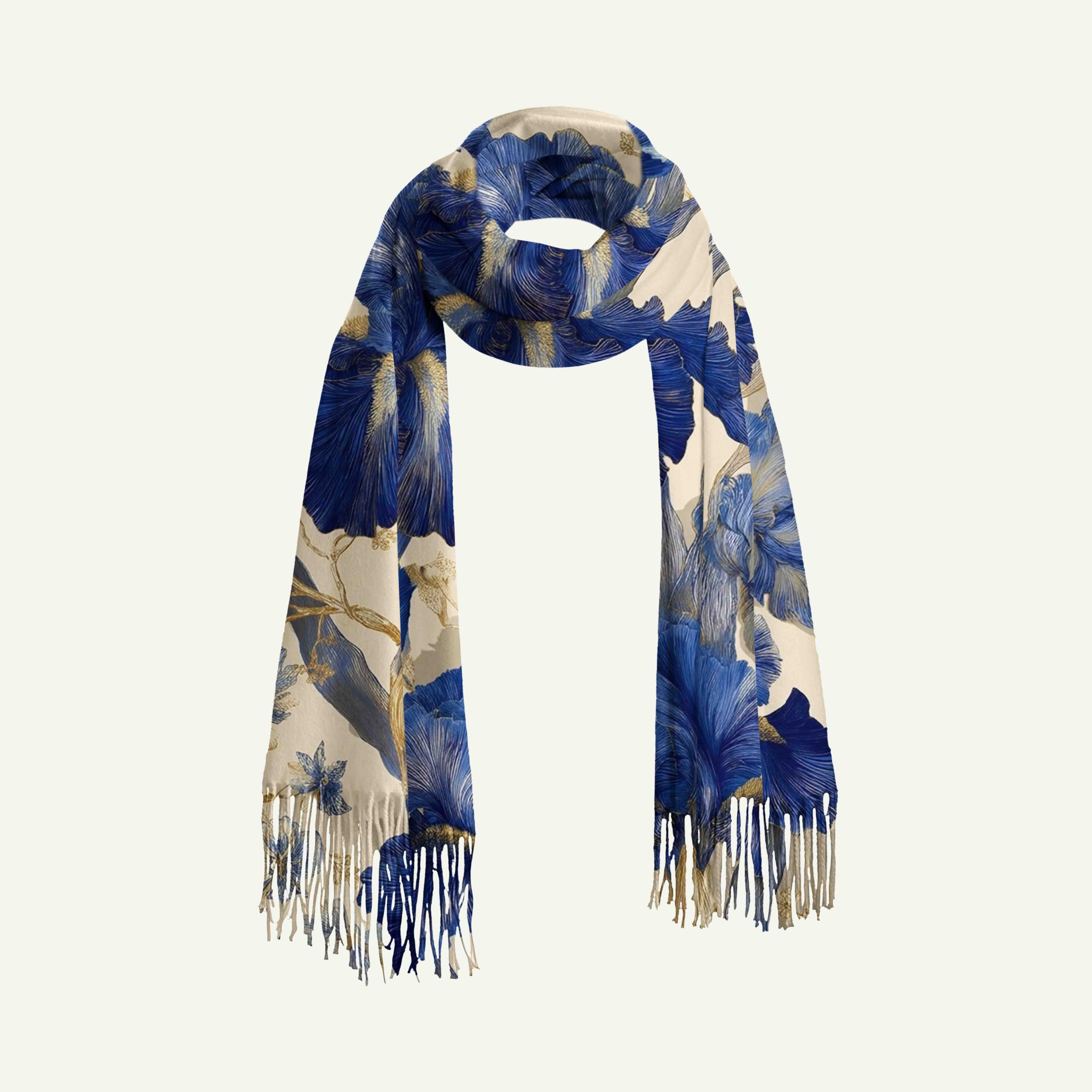 Blue Iris Botanical Long Cashmere Scarf with Tassels