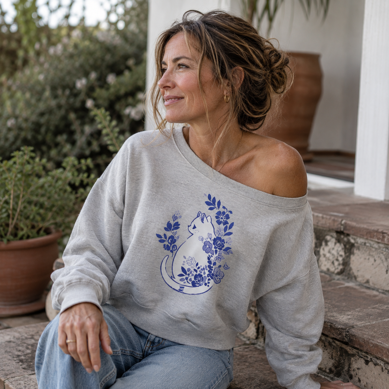 Blue Floral Bottle Art Women Off Shoulder Sweatshirt