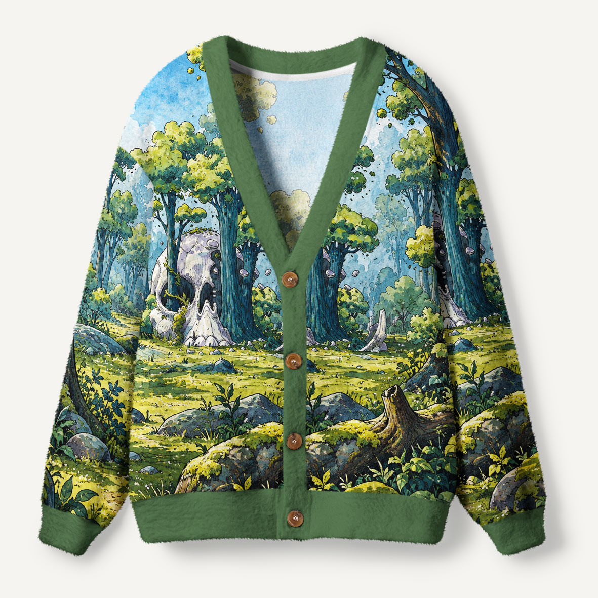 Giant Skull Reclaimed By The Forest Ugly Cardigan Sweaters
