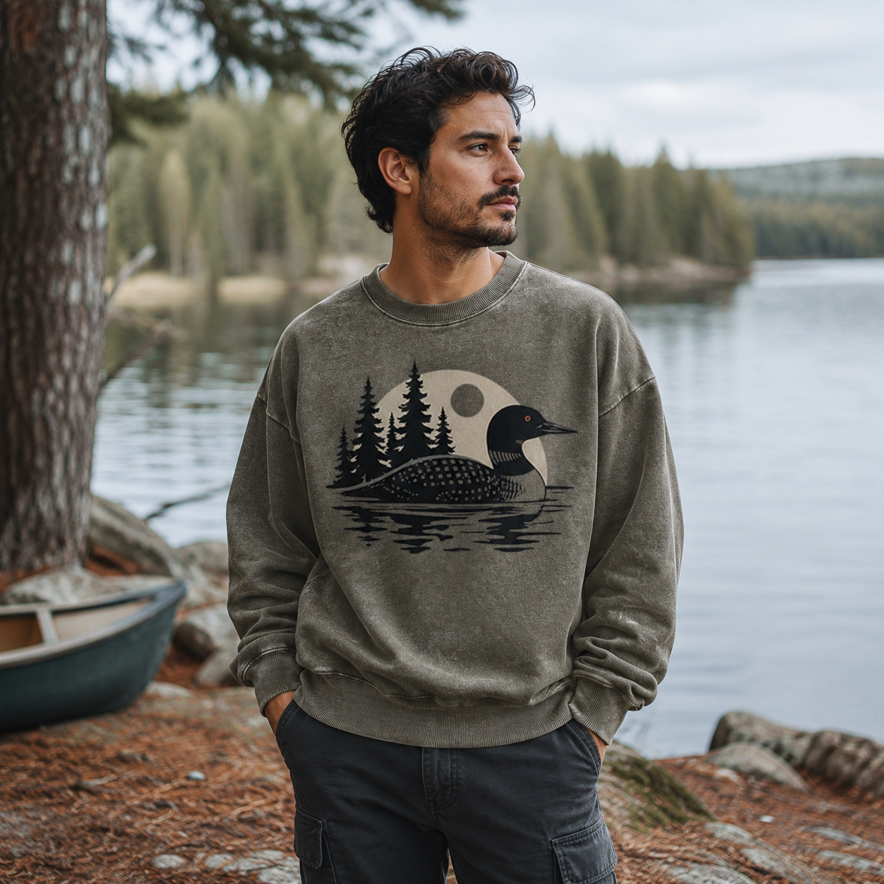 Loon Alone on the Lake Washed Sweatshirts