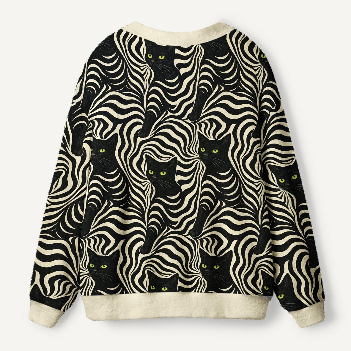 Black Cat With Green Eyes Psychedelic Black And White Swirls Ugly Cardigan Sweaters