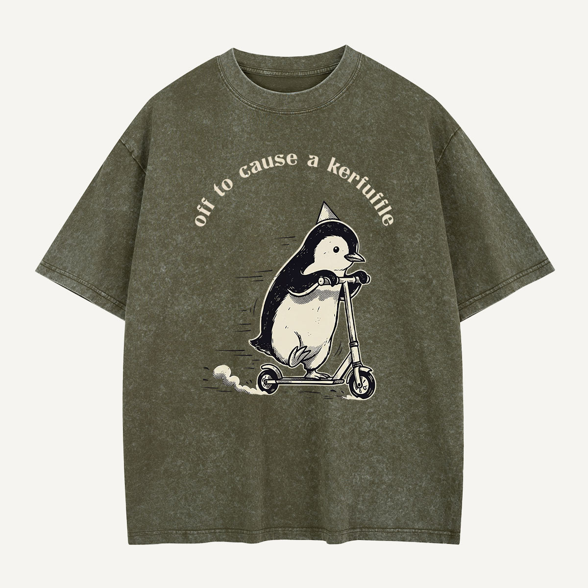 Off To Cause A Kerfuffle Penguin Scooter Washed T-Shirt