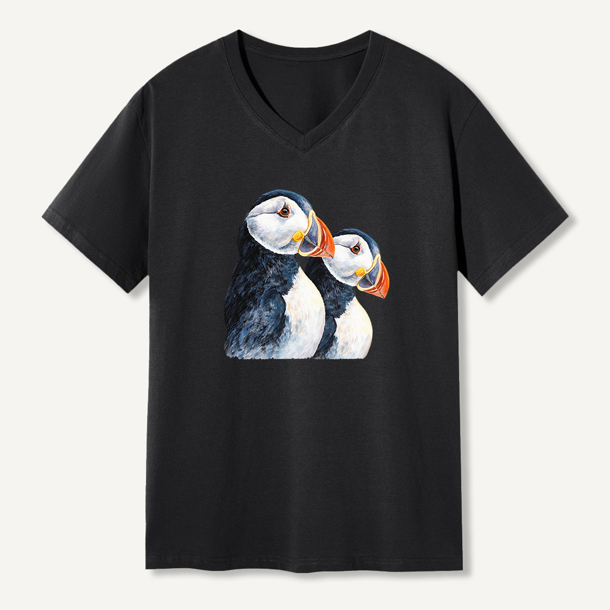 Dual Puffin Watercolor Portrait V-neck T-Shirt