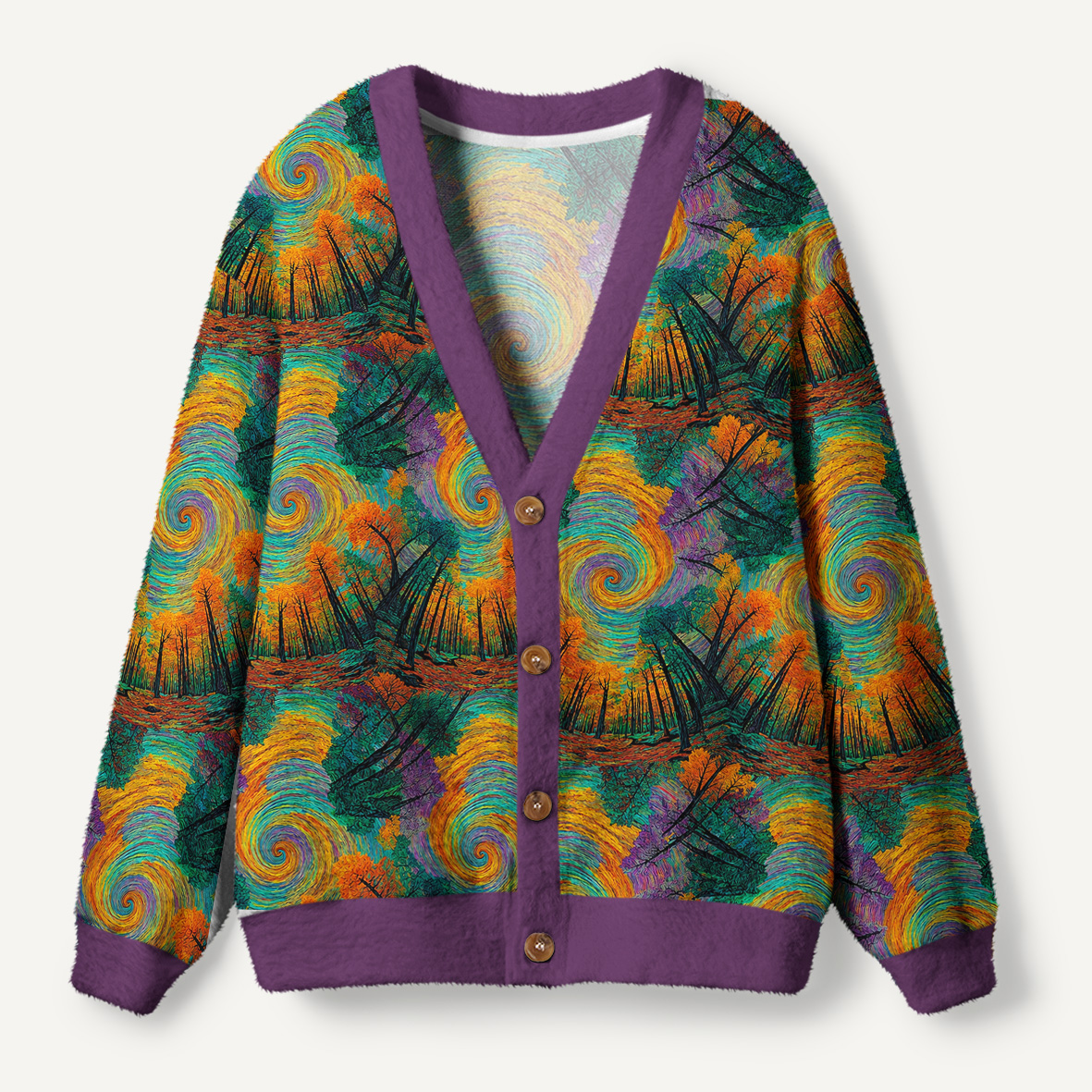Psychedelic Forest Beneath A Rainbow Vortex Ugly Cardigan Sweaters
