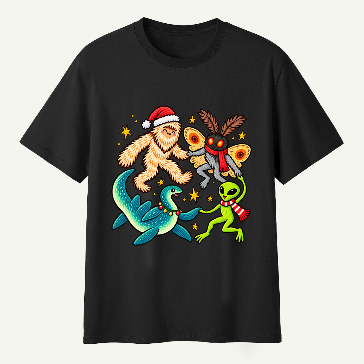 Christmas Cryptid Party Bigfoot Mothman Nessie And Alien T-Shirt