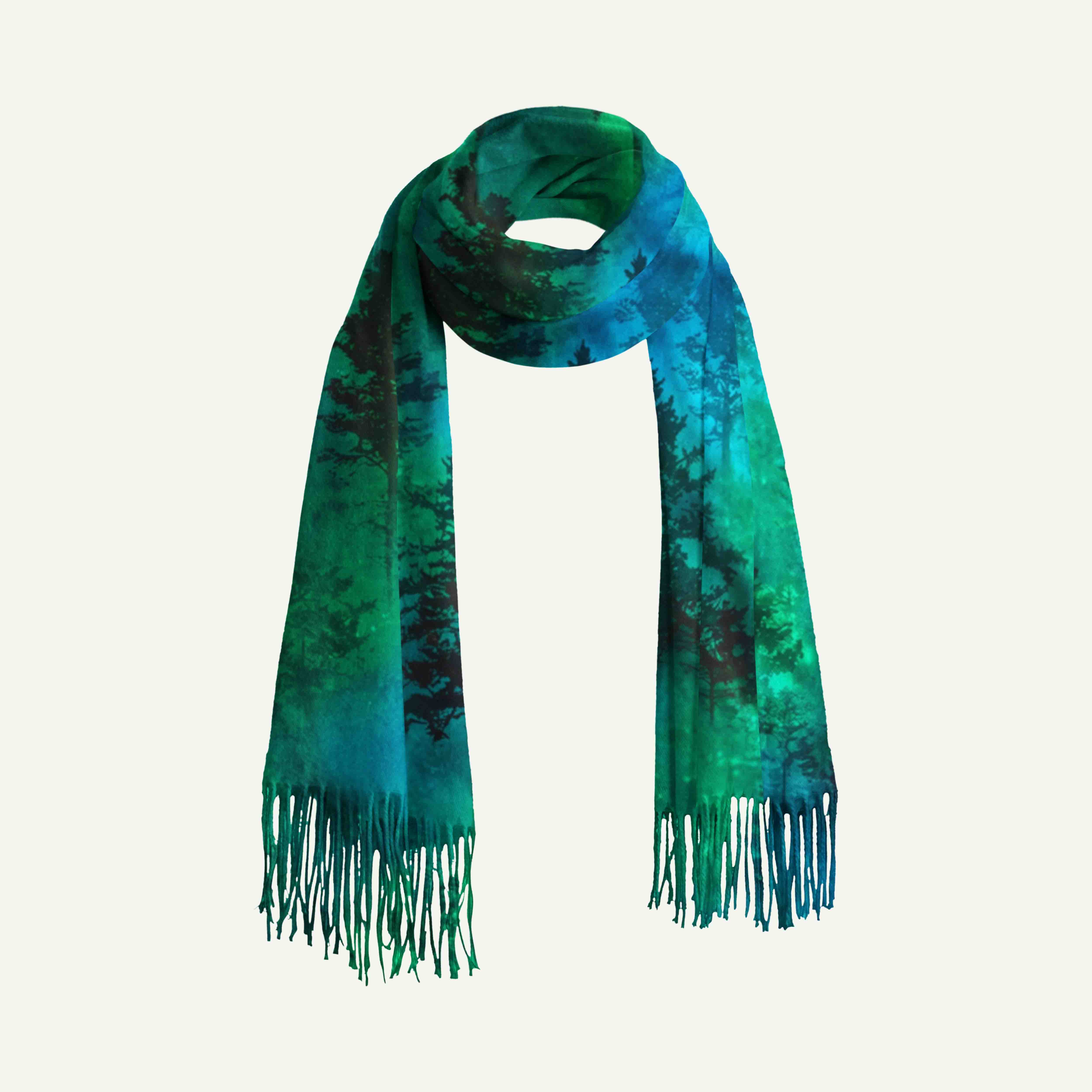 Nature Glowing Forest Tree Long Cashmere Scarf with Tassels