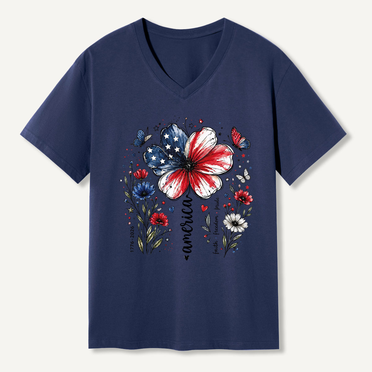 USA 250th Anniversary Floral V-neck T-Shirt