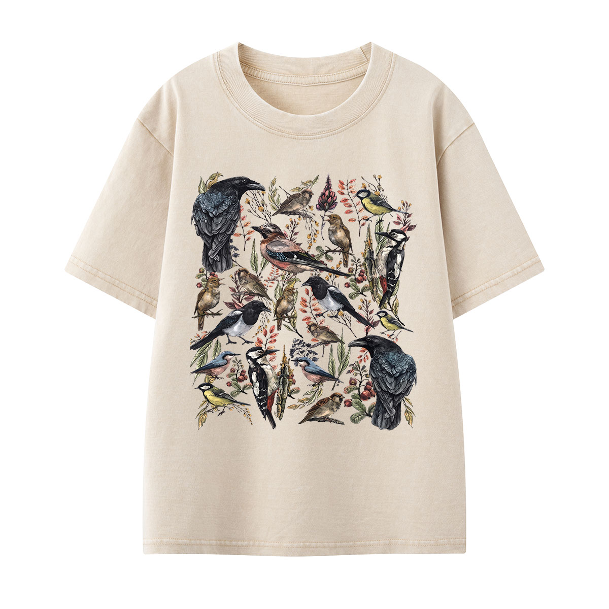 Vintage Wild Birds Botanical Kids Washed T-Shirt