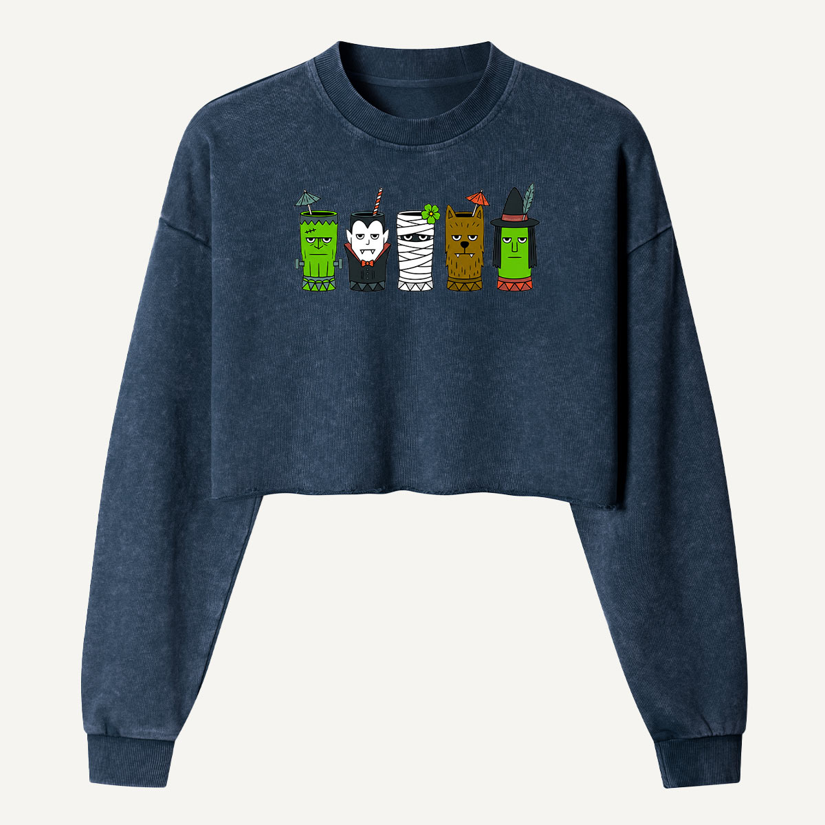 Trick Or Treat Classic Monsters Women's Washed Cropped Sweatshirt