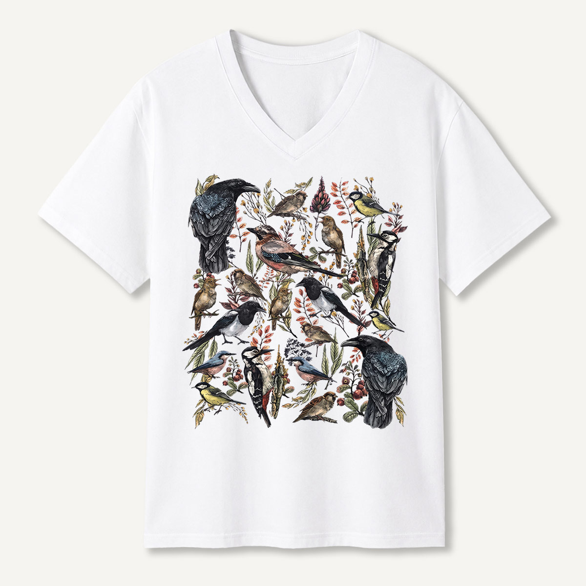 Vintage Wild Birds Botanical V-neck T-Shirt