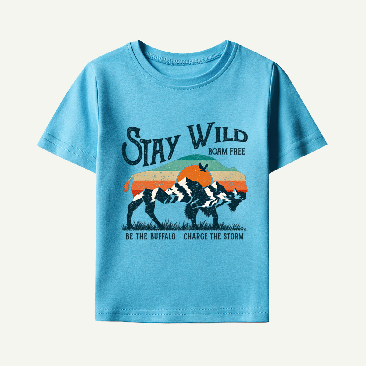 Stay Wild Roam Free Be The Buffalo Charge The Storm Vintage Buffalo Landscape Kids T-Shirt
