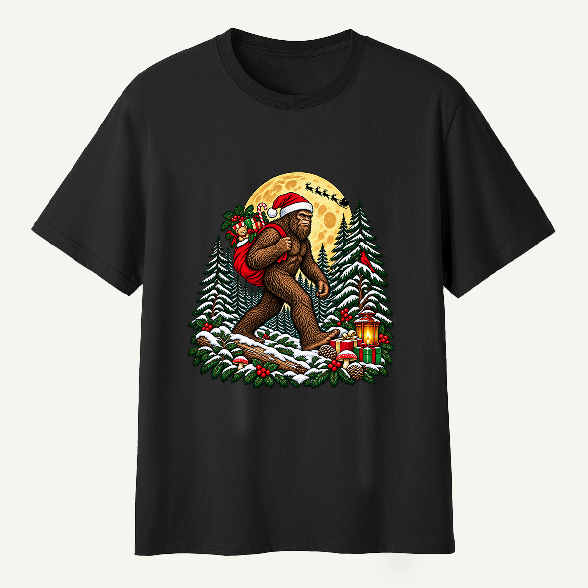 Christmas Bigfoot Santa Gift Delivery In Snowy Forest T-Shirt
