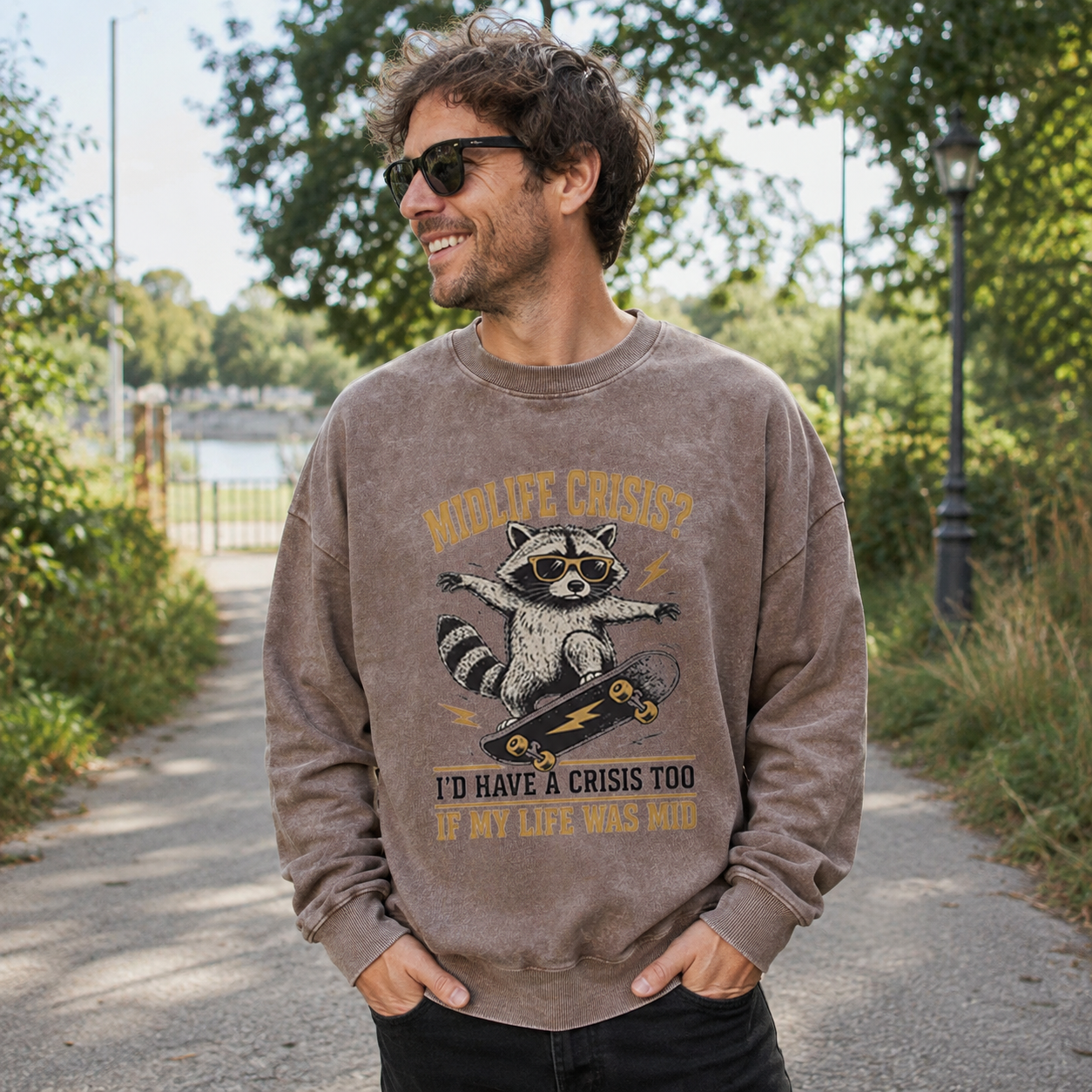 Raccoon Midlife Crisis Ride Washed Sweatshirts