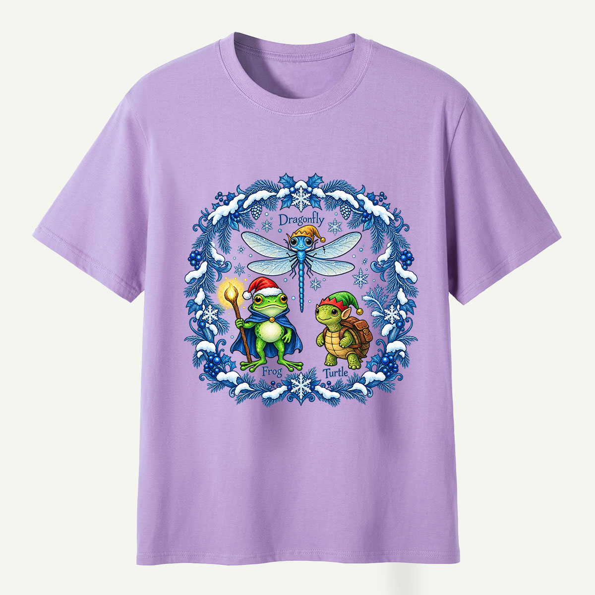 Fantasy Winter Forest Dragonfly Frog And Turtle Companions T-Shirt