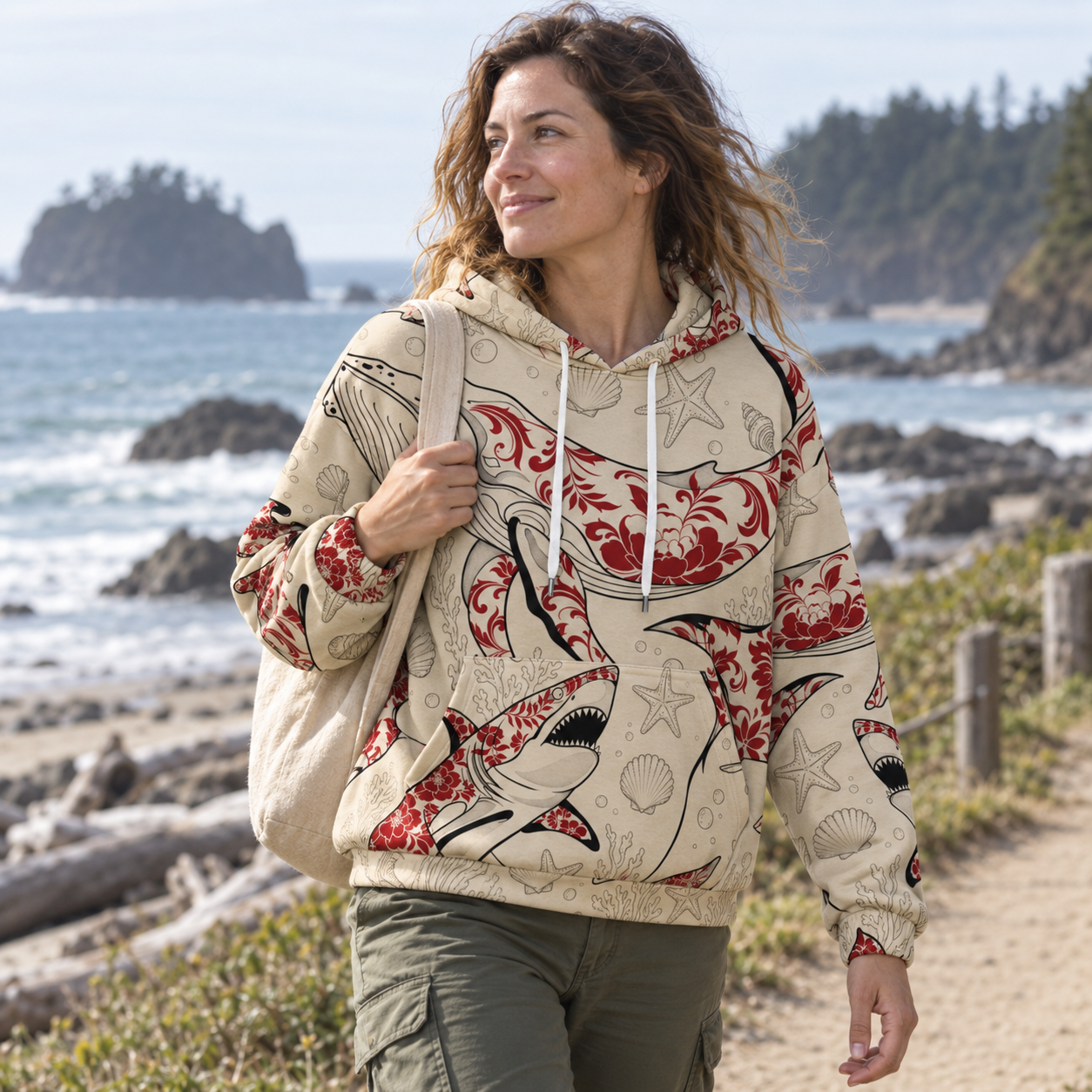 Vintage Ocean Shark Whale Damask All Over Print All-over Printed Hoodie