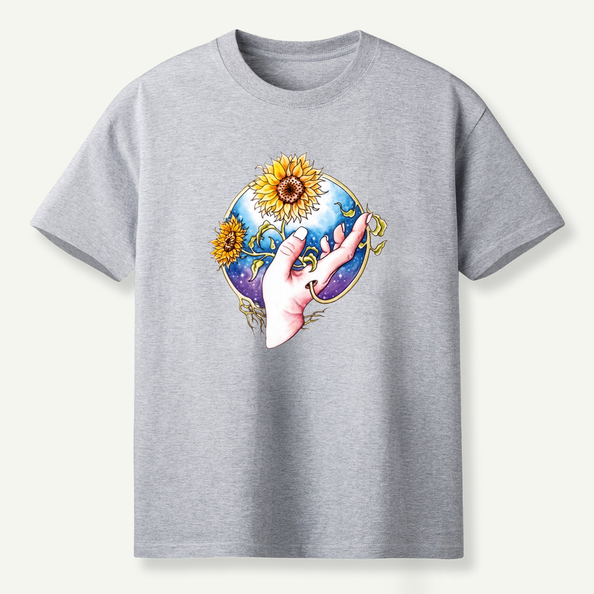 Sunflower Hand Galaxy Botanical Illustration T-Shirt