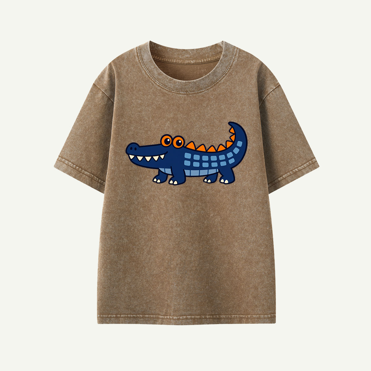Blue Cartoon Crocodile Illustration Kids Washed T-Shirt