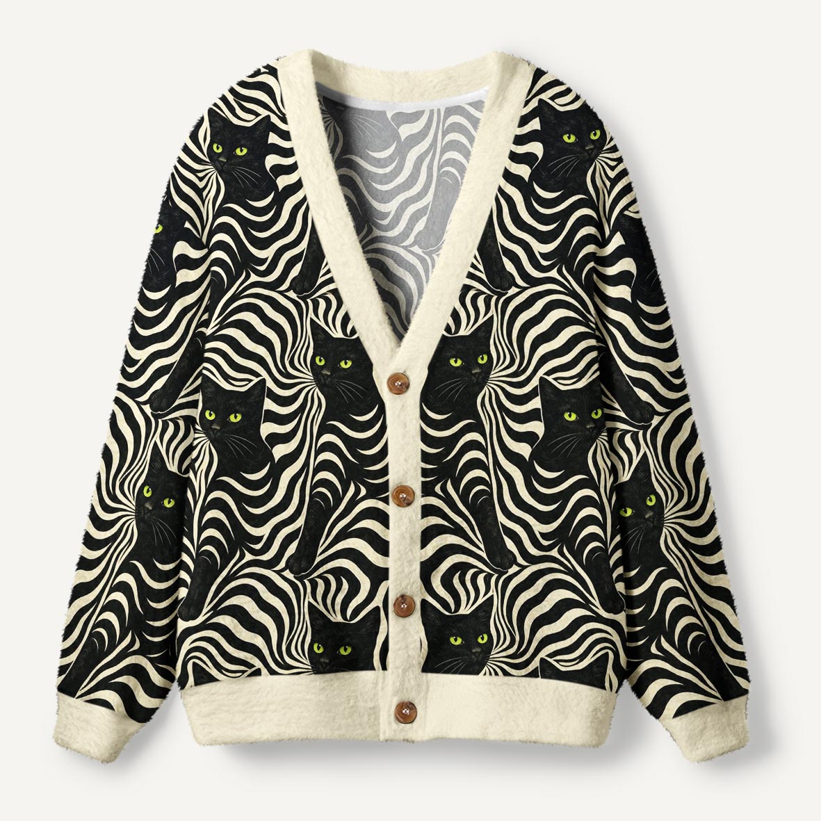 Black Cat With Green Eyes Psychedelic Black And White Swirls Ugly Cardigan Sweaters