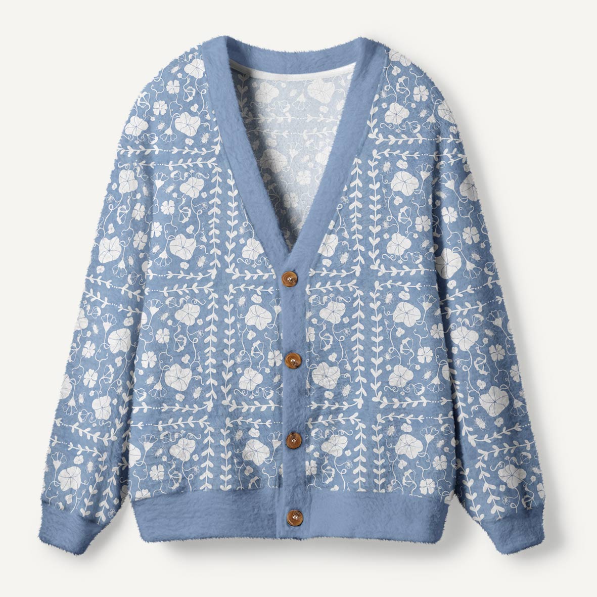 Blue And White Morning Glory Flowers And Bees Ugly Cardigan Sweaters
