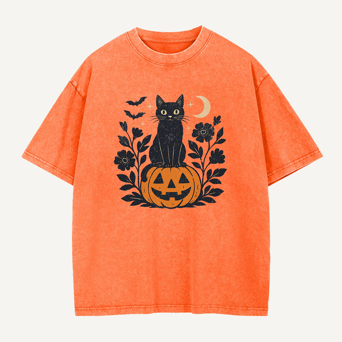 Black Cat on Pumpkin Watch Washed T-Shirt