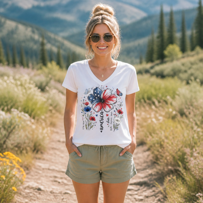 USA 250th Anniversary Floral V-neck T-Shirt