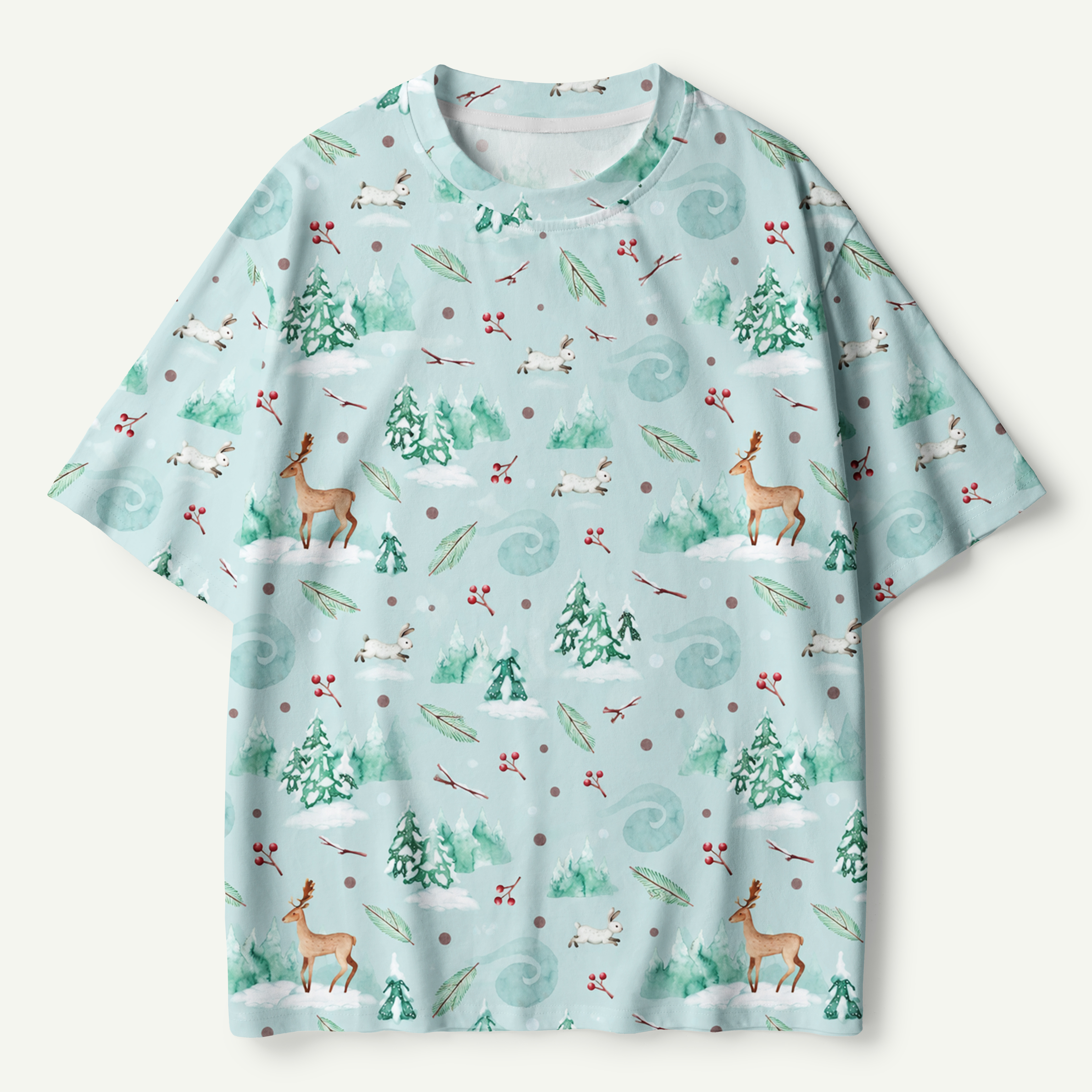 Winter Reindeer Rabbit Snow Forest Watercolor Premium Pure Cotton Tee