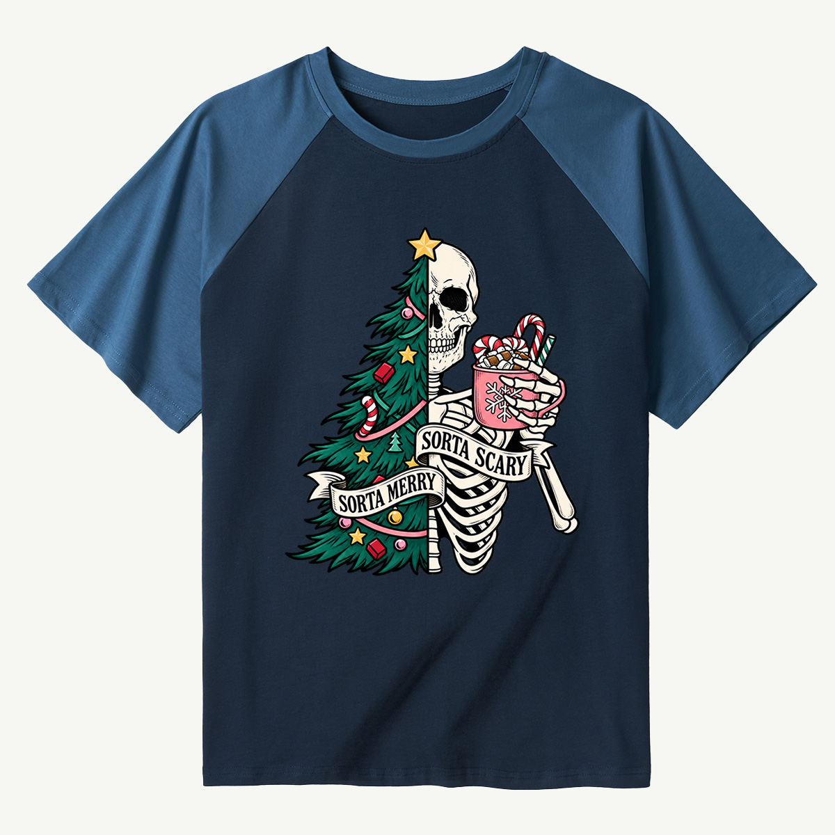 Sorta Merry Sorta Scary Half Skull Christmas Tree Raglan T-Shirt
